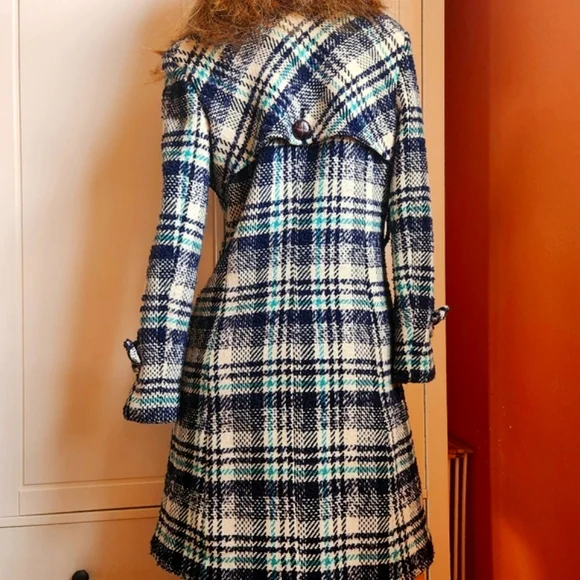Wool Textured Plaid Trench Pea Lapel Coat Small Estimated Size 4 - Picture 9 of 12